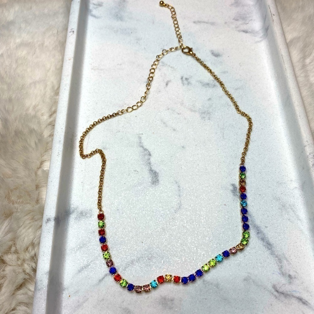 Rainbow Multi Color Rhinestone Prong Set Necklace